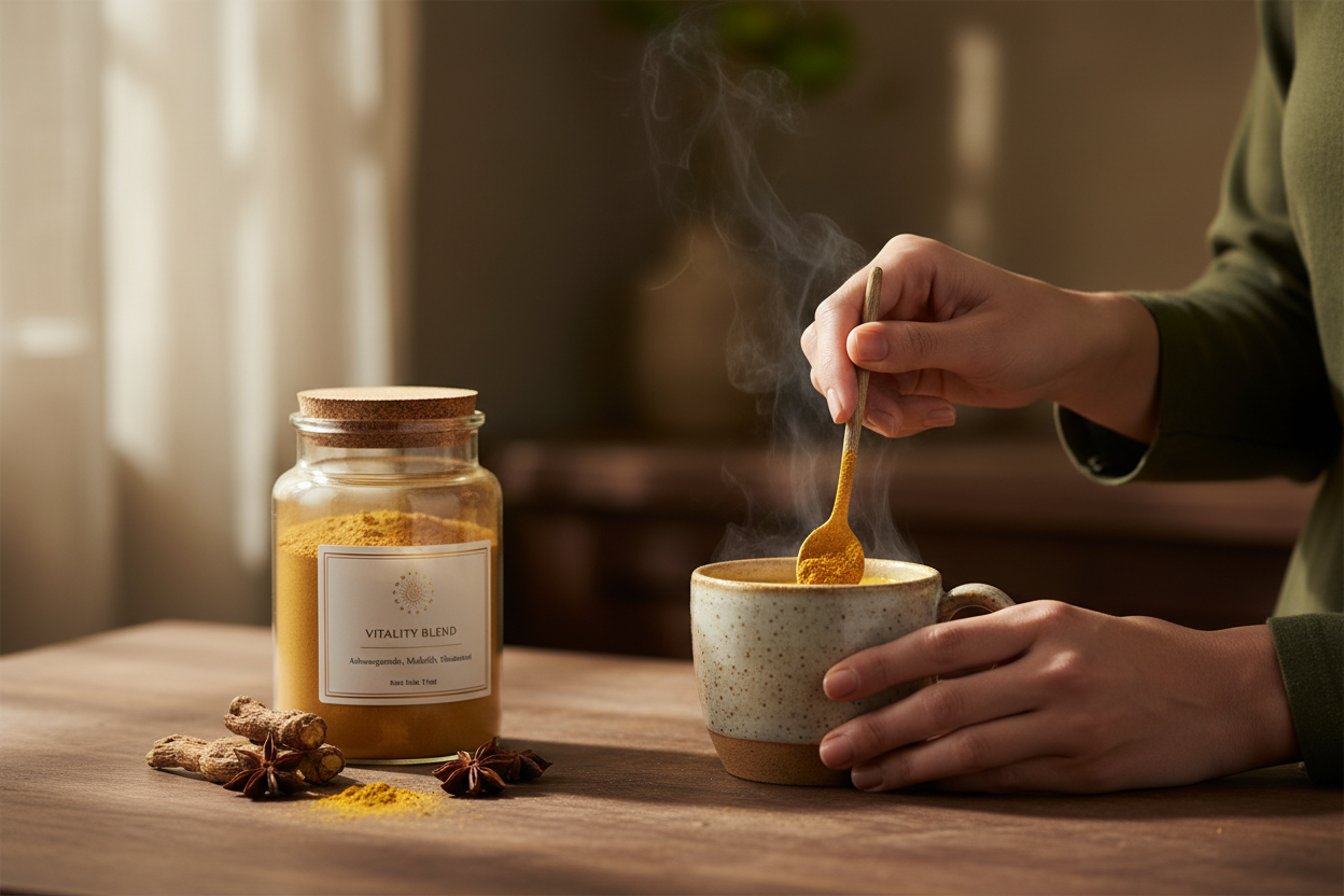 Buy Vitality Blend Online – Ashwagandha, Mulethi & Shatavari Herbal Powder Mix – Saatwik Adda