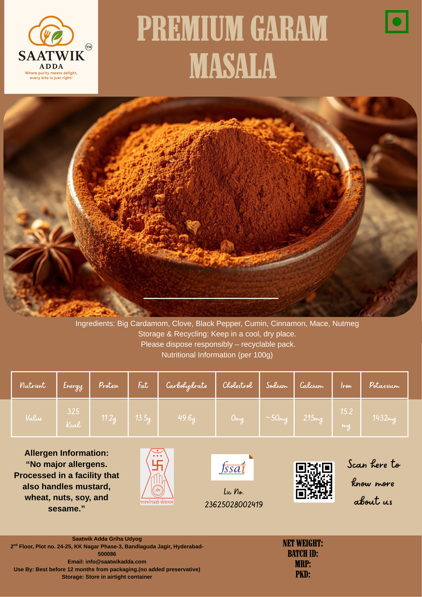 Premium Jain Garam Masala – 7 Rare Whole Spices, No Onion No Garlic | Saatwik Adda