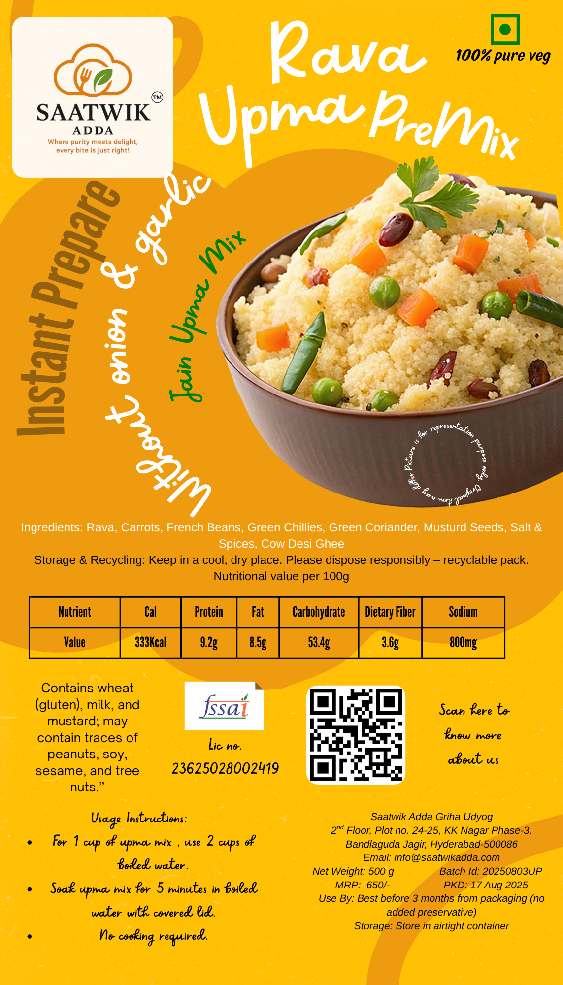 Instant Rava Upma Premix with Vegetables, Dal & Cow Desi Ghee