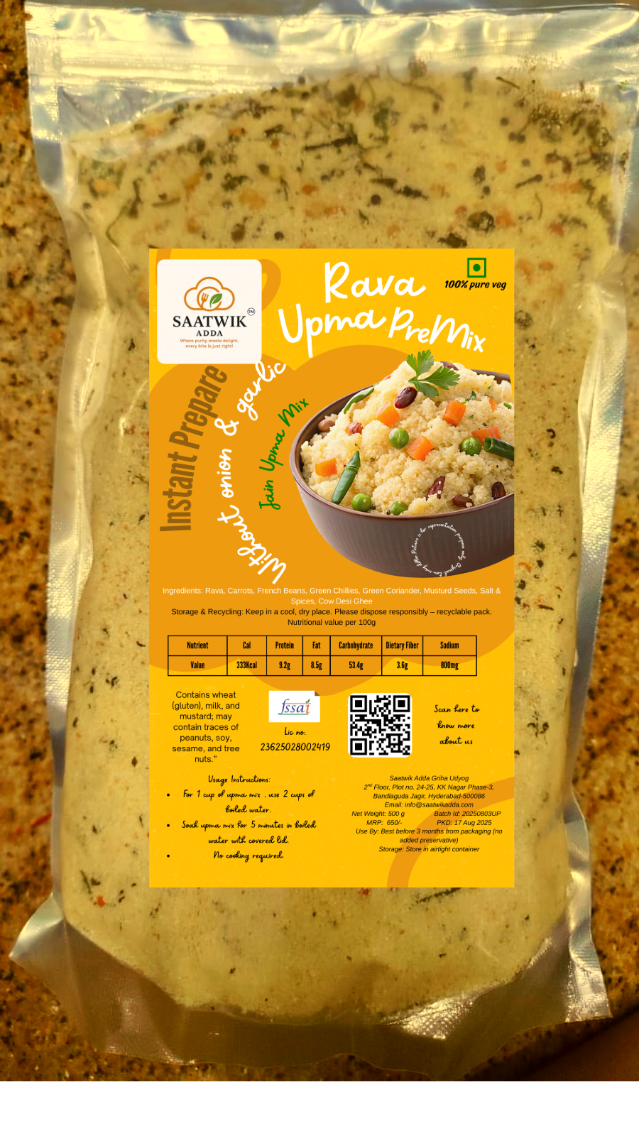 Instant Rava Upma Premix with Vegetables, Dal & Cow Desi Ghee