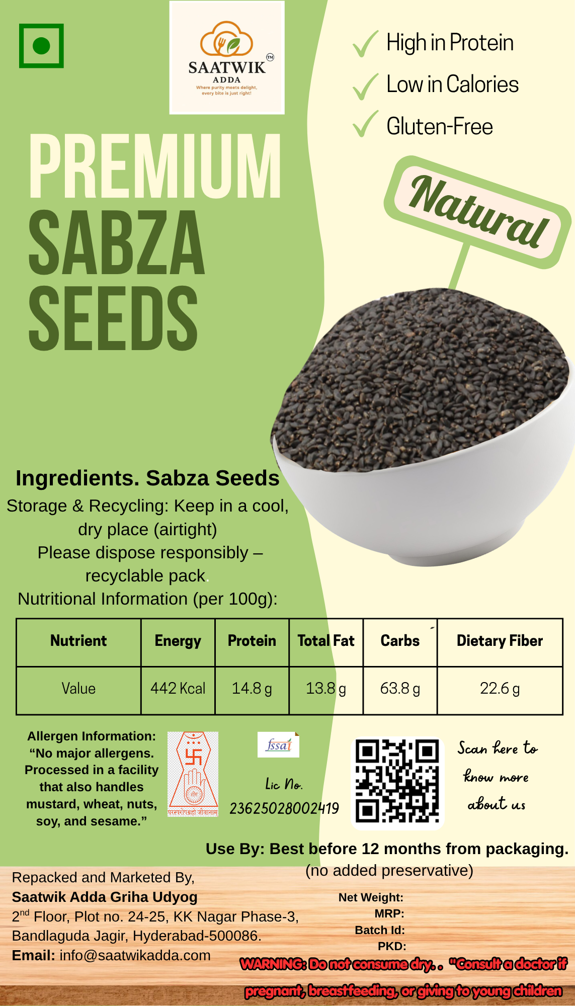Saatwik Adda Pure Sabza Seeds | Sweet Basil Seeds | Natural & Refreshing | No Preservatives