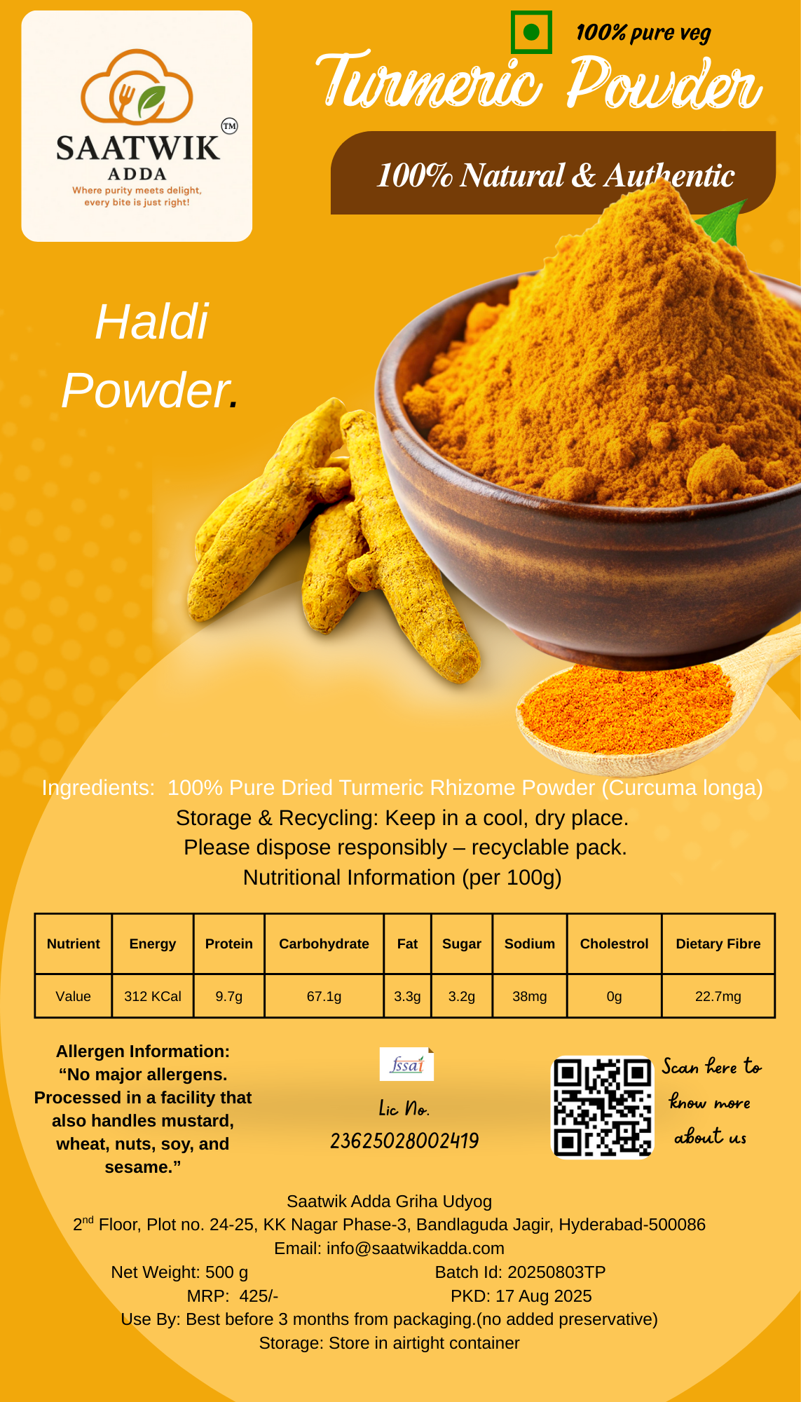 Pure Turmeric Powder - Fresh Ground Haldi (No Fillers)