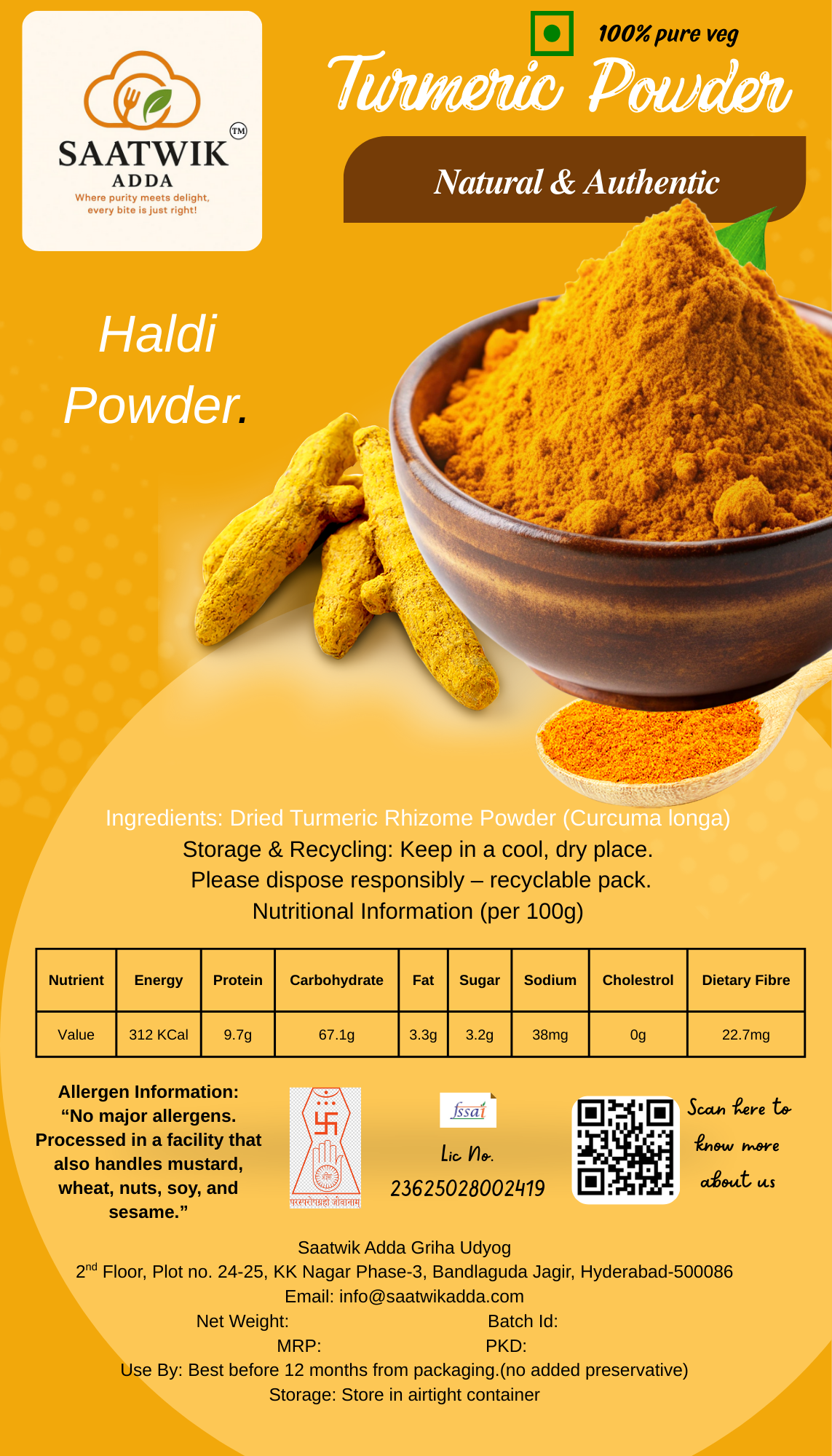 Buy Pure Turmeric Powder Online – Fresh Ground Haldi, High Curcumin – Saatwik Adda