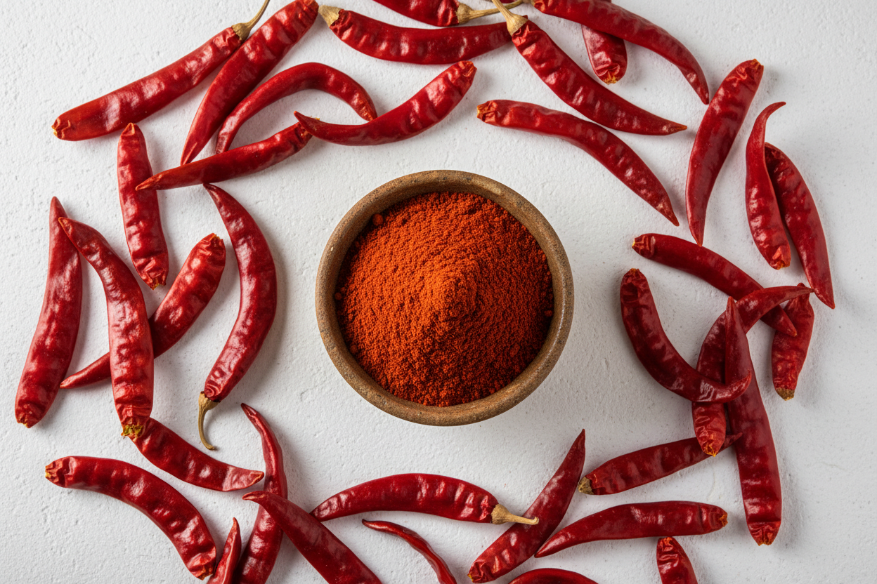Guntur Chilli Powder Flat Lay with Stemless Chillies