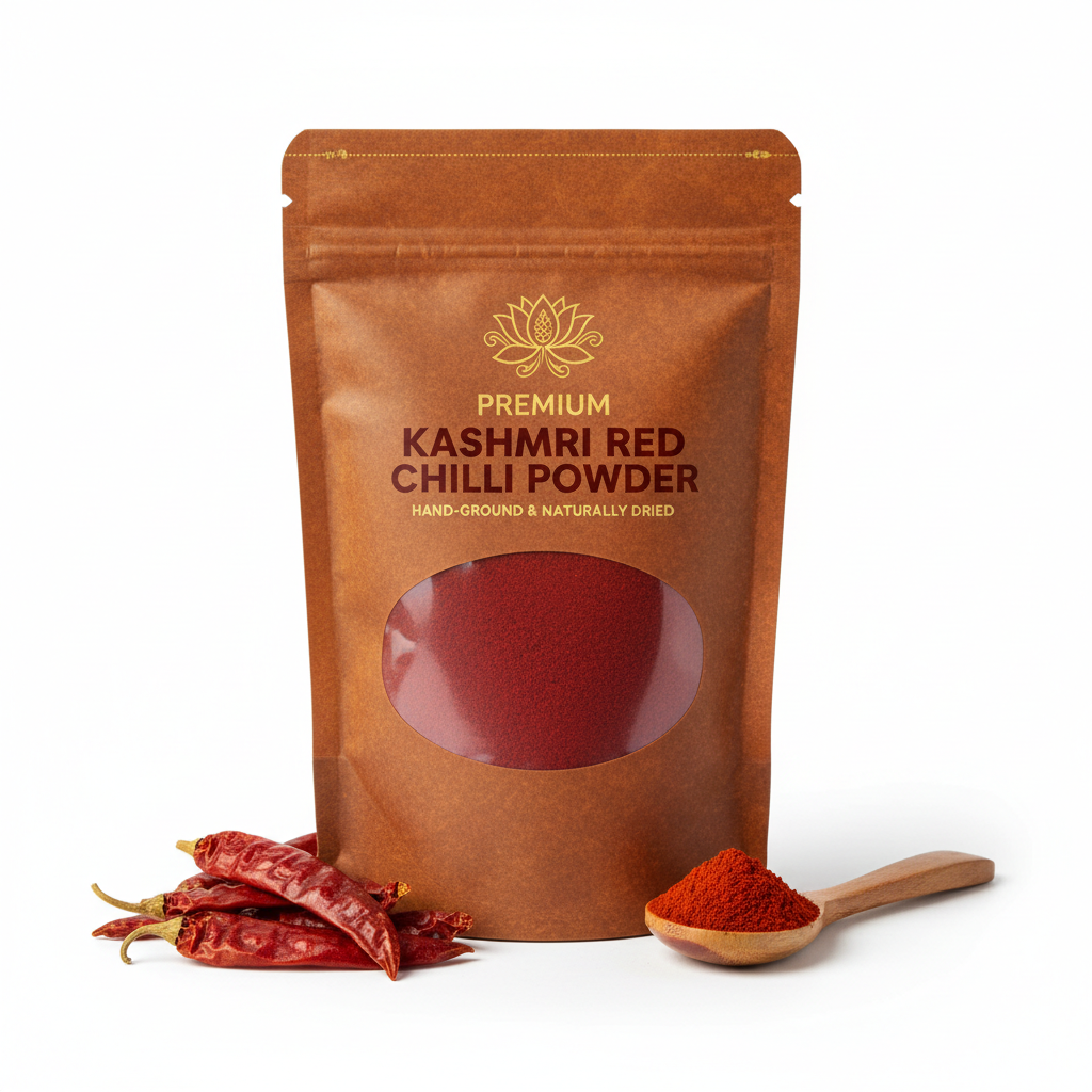 Kashmiri Red Chilli Powder sealed pouch pack on white background