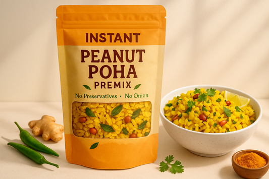 Instant peanut poha premix without any added preservative and no onion. Perfect for lazy mornings and evening snacks