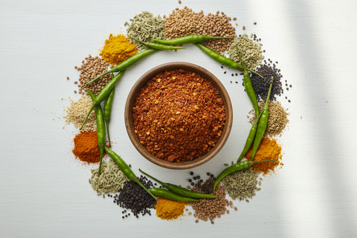 Mirchi Achar Masala Ingredients Flat Lay