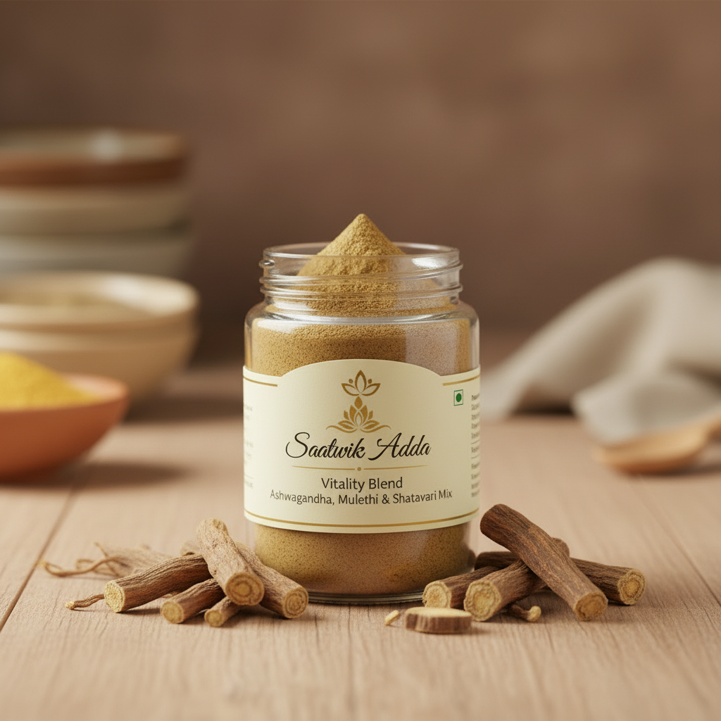 Buy Vitality Blend Online – Ashwagandha, Mulethi & Shatavari Herbal Powder Mix – Saatwik Adda